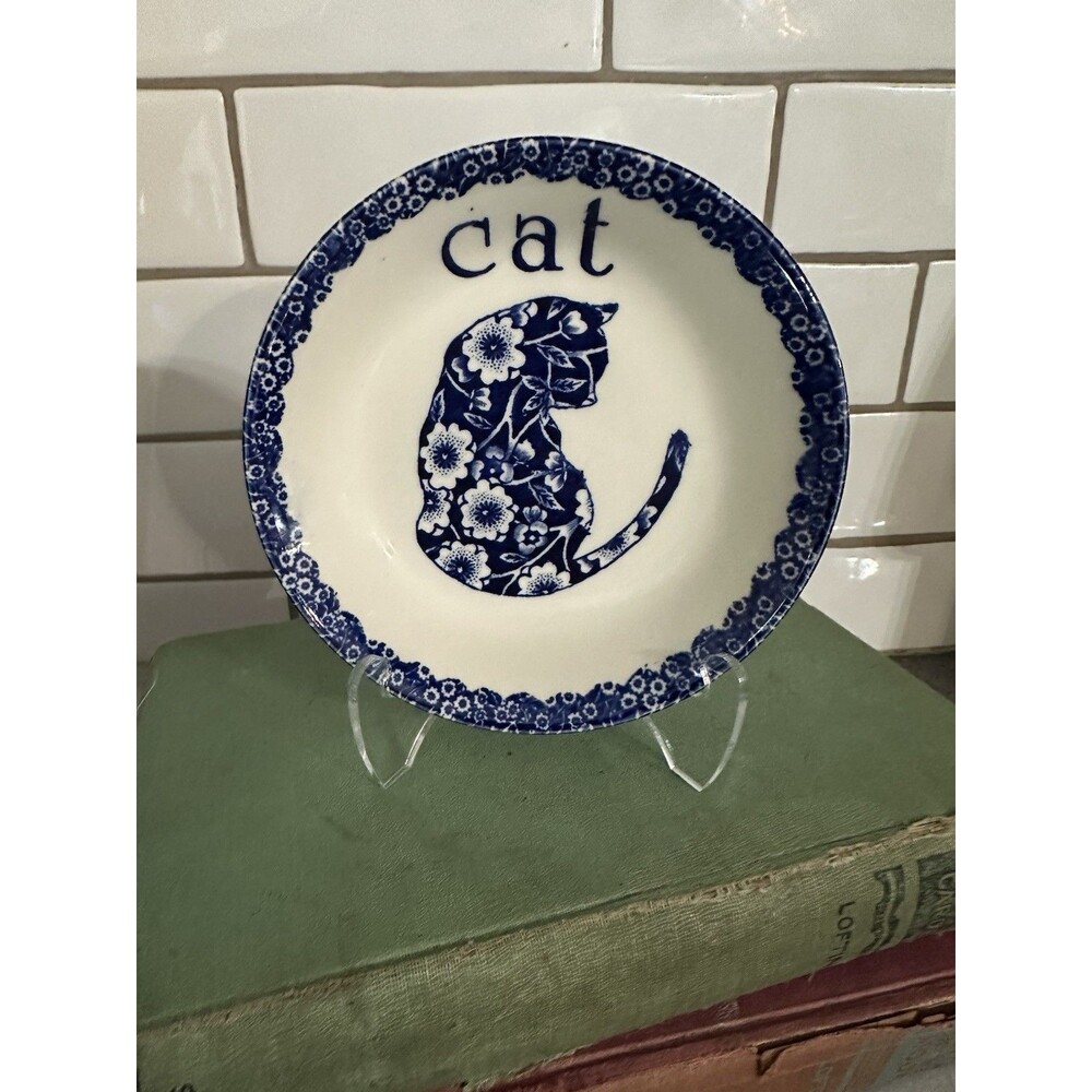 Blue Calico Royal Crownford Staffordshire England Cat Dish - Norma Sherman